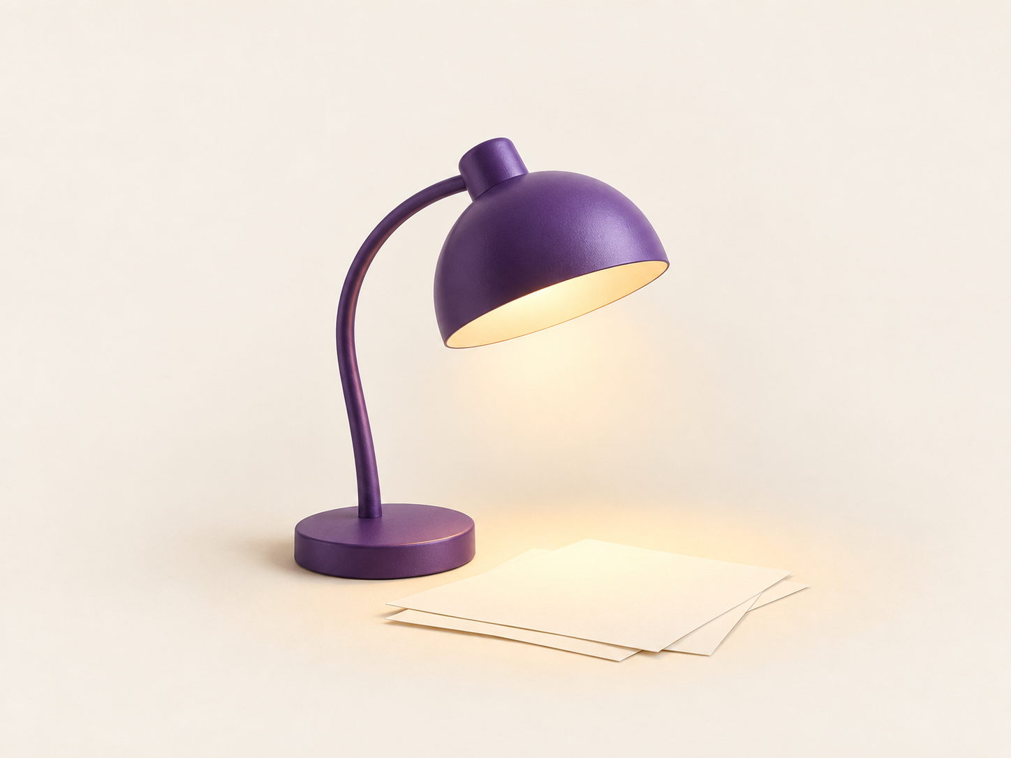 A purple desk lamp casting a warm pool of light across a few sheets of paper.